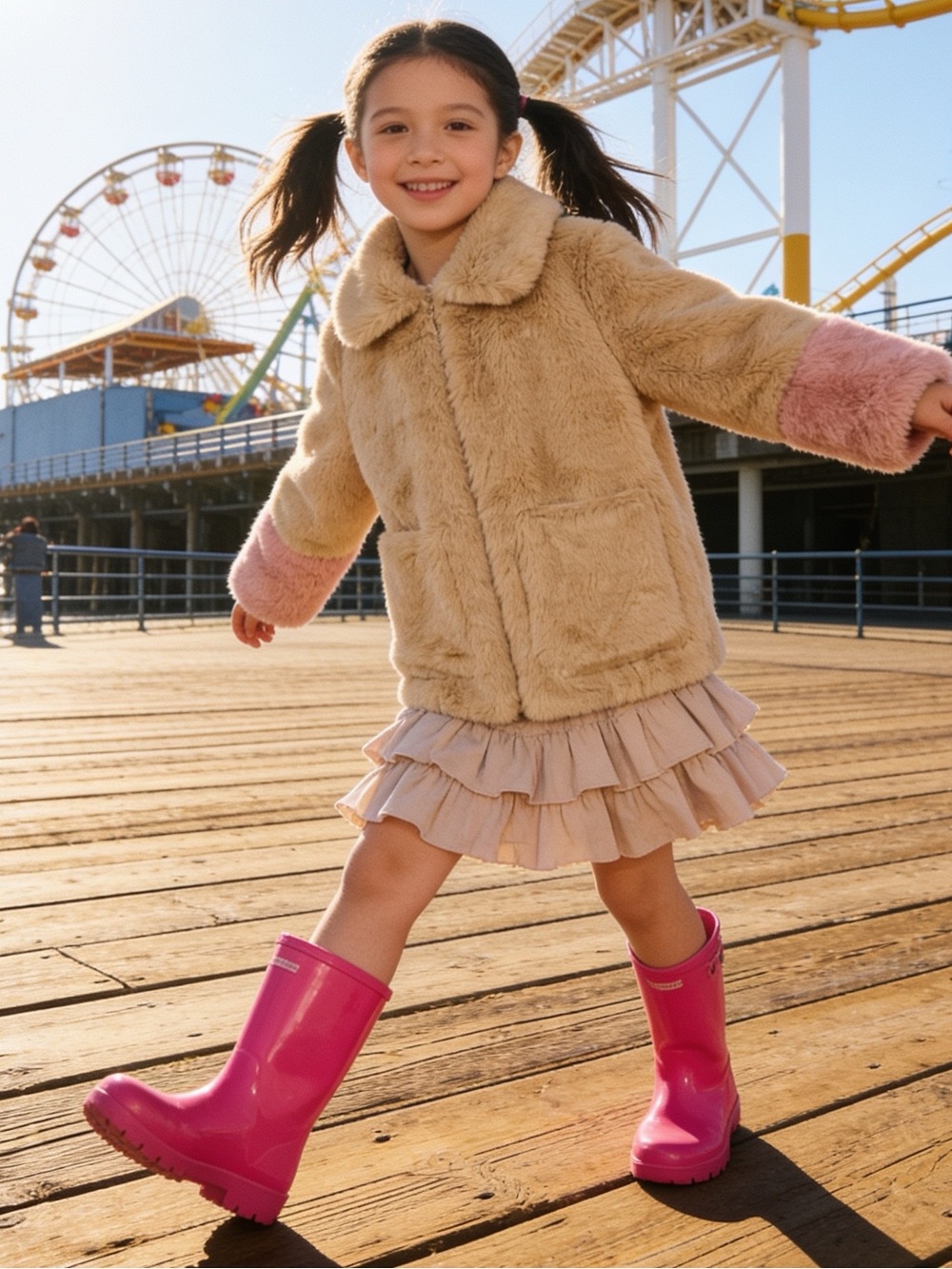Zara Girls Faux Fur Coat Tan & Pink Size 10 (140 cm)